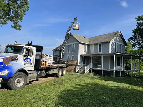 Replacing a roof in Moundridge, KS. Shingle delivery day